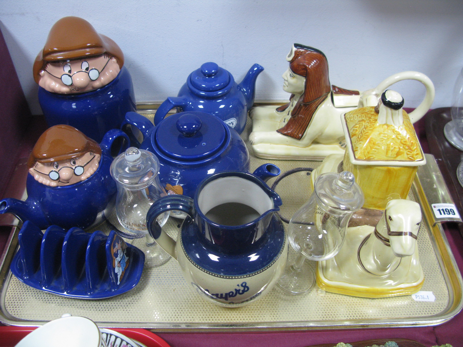 Wade Tetley Tea Teapots, Lovatts Langley "Players Navy Cut" jug (damaged), Tony Wood tea pots:-