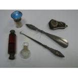 A Hallmarked Silver Handled Button Hook and Shoe Horn, a ruby glass double ended scent bottle, a