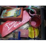 Vintage Toy and Board Games, including a tinplate seaside bucket, a tinplate watering can,