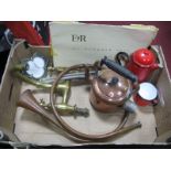 Brass Taps, copper hunting horn, copper kettle:- One Box