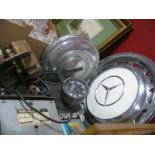 A Pair of Mercedes Hub Caps, Jaguar hub cab, tape and eight track players, Milometer, etc:- One Box