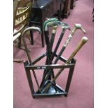 Six Walking Sticks, varying designs including concealed snooker cue, duck handled etc:- all within