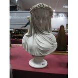 The Veiled Lady: A XX Century Marble Sculpture, the base marked "Arts and Commerce Promoted' and
