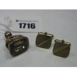 A Pair of 9ct Gold Gent's Cufflinks, each cushion shape panel textured and initialled; together with