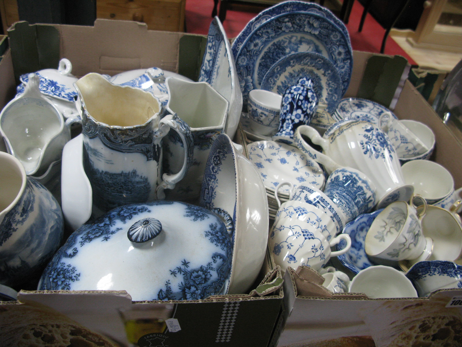 A Quantity of Blue and White Ceramics, including Meakin, Myott 'Finlandia', Maddock:- Two Boxes