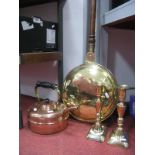 A XIX Century Copper Warming Pan, pair of XIX Century brass candlestick, copper kettle. (4)