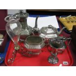 John Rodgers Four Piece Plated Tea Service, glass etched Epergne on plated scroll stand, bulbous