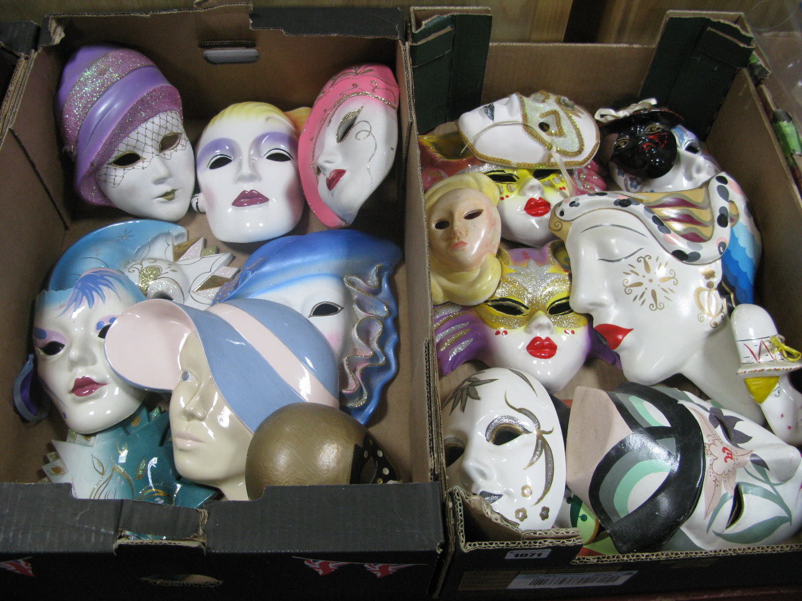 A Collection of Venetian Style Pottery Masks, varying designs:- Two Boxes.