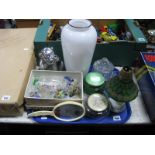 Hong Kong Oil Lamp, white glass vase, 30cm high, monkey money box, etc:- One Tray