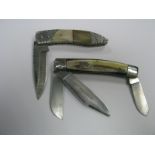 Penknives, large three bladed penknife with horn bolsters with shield on one side, also damascus