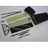 A XIX Century Brass Geometry Set, with fitted shagreen case, including two ivory rules, decorative