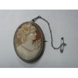A Vintage Shell Carved Cameo Style Brooch, depicting female form, in marcasite mount.