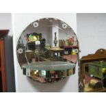 A Circular Circa 1950's Decorated Mirror, with unusual mirrored tray, 50cm diameter.