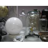 A Vintage Opaque Glass Ceiling Globe Light Fitting, and a desk table cloche glass ball lamp,