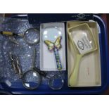 Eight Various Magnifying Glasses, including enamelled butterfly example:- One Tray