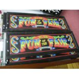 Four Fairground Display Boards, each painted 'All The Fun of The Fair - Fun for All' 128 x 42cm, and
