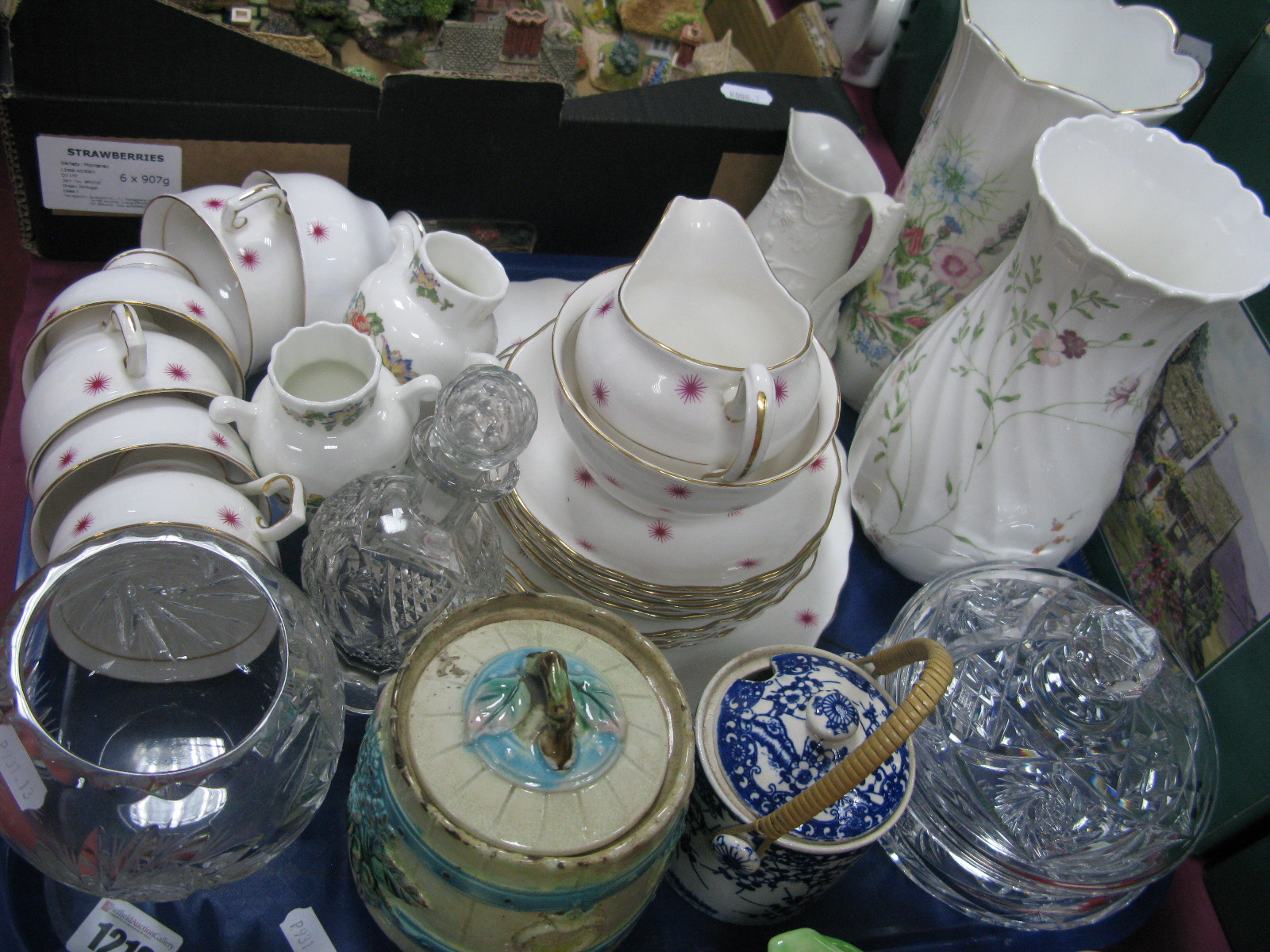 Colclough Tea Service, lead crystal powder bowl, scent bottle, Wedgwood 'Campion' vase and other