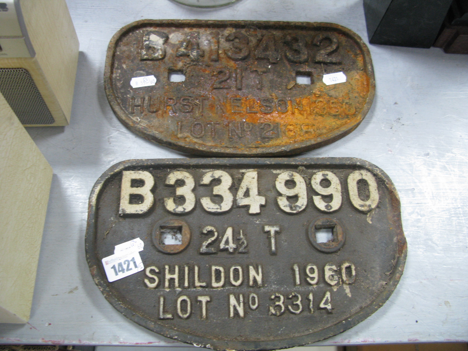 Railway '242T Shildon 1960 B 334 990 Iron Wall Sign, 21T B413 432 Hurst Nelson 1950, each