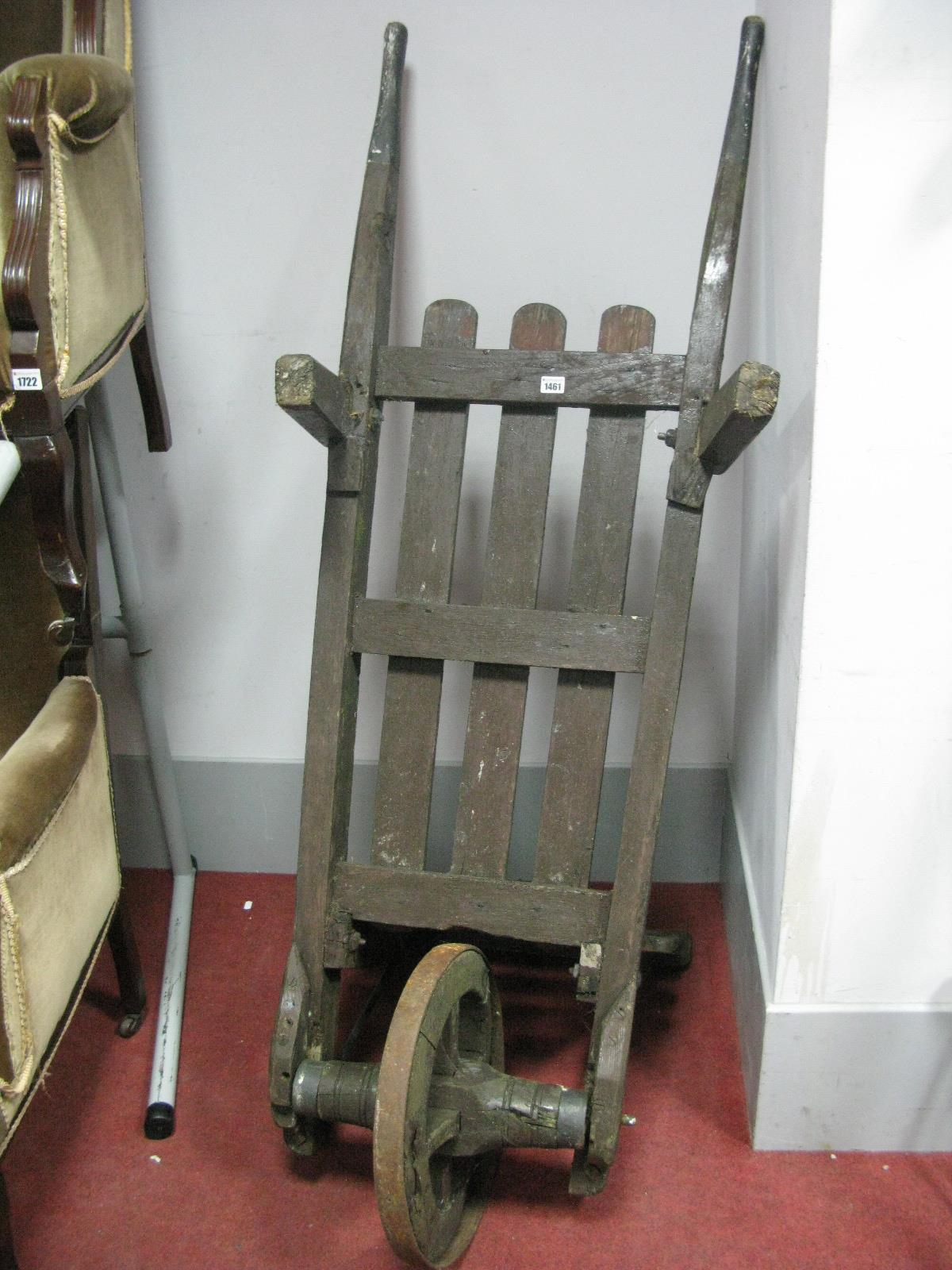 An Early XX Century Painted Costermonger Style Oak Barrow, single coopered wheel, length 170cm.