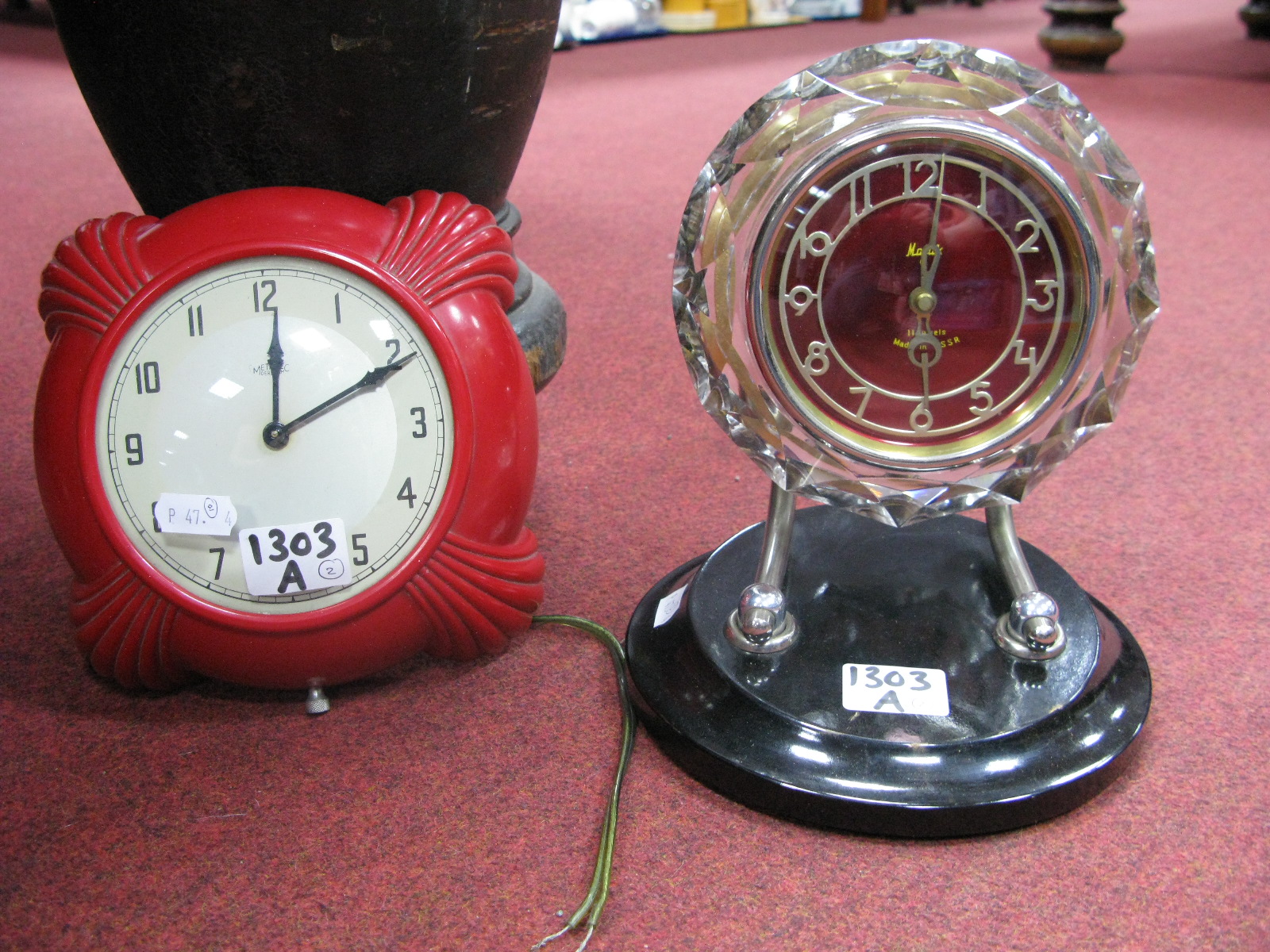A Mid 1900's Art Deco Style Russian 'Majak' Desk Clock - clear glass surround on adjustable chrome