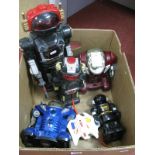 Five Circa 1980's and Later Battery Operated Plastic Toy Robots By Nikko, New Bright and other