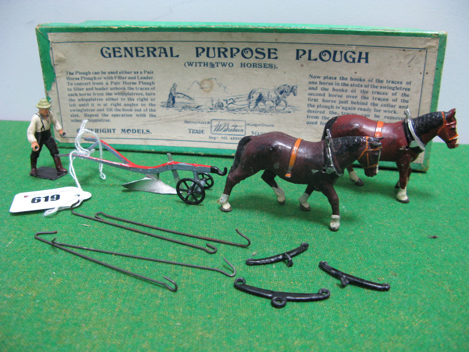 A Mid XX Century Lead Britains No. 6F General Purpose Plough with Two Horses, overall good plus,
