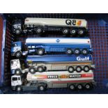 Four Modern Corgi Diecast Model Petrol Tankers, liveries include Esso, Gulf, Aral, Q8, Leyland