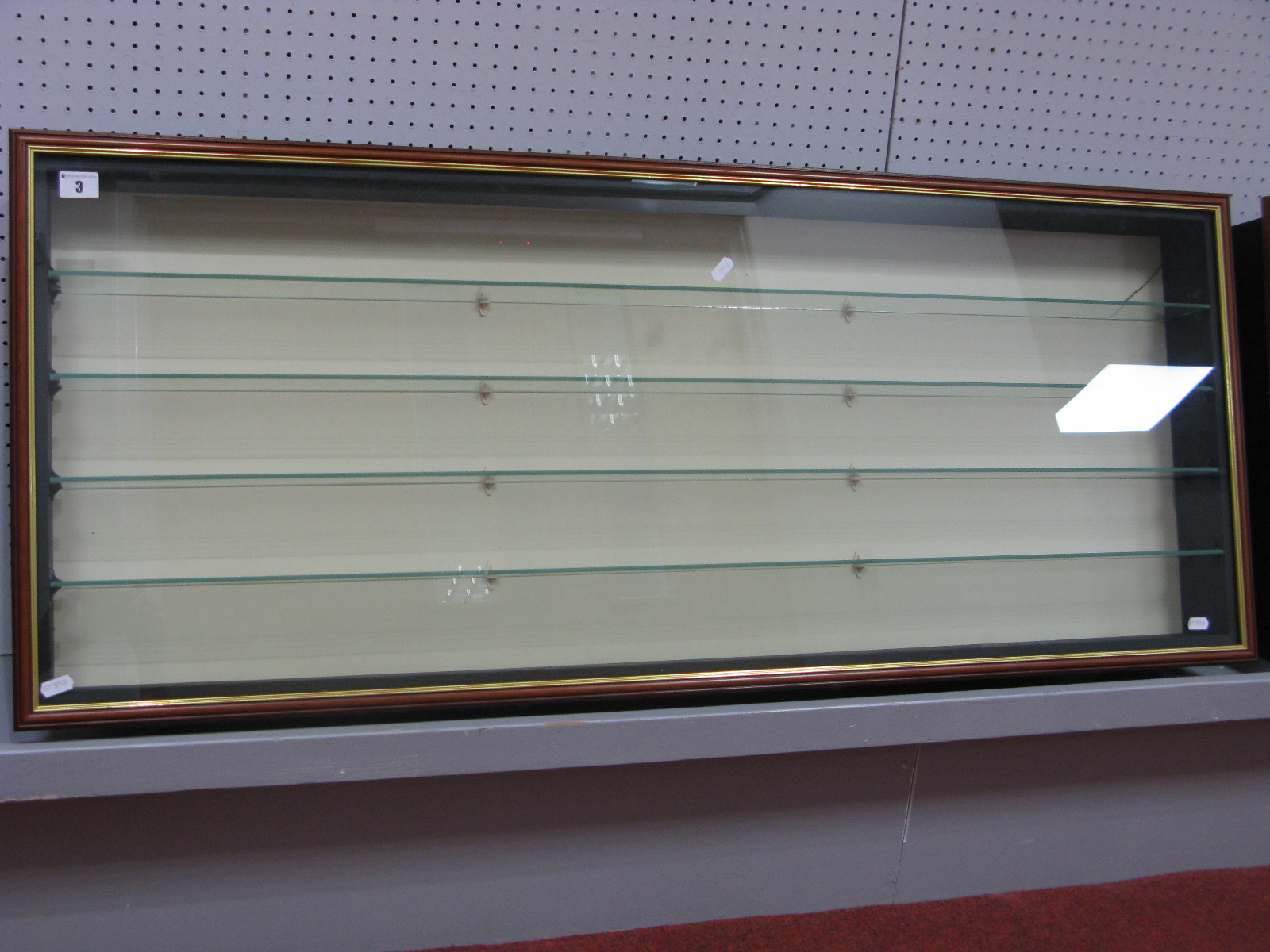 A Modern Glass Fronted Wooden Framed Display Case, four glass shelves, measuring 119cm across,