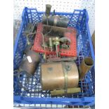 A Mamod SE2 Steam Engine, poor plus a small vertical brass steam engine, a copper boiler and