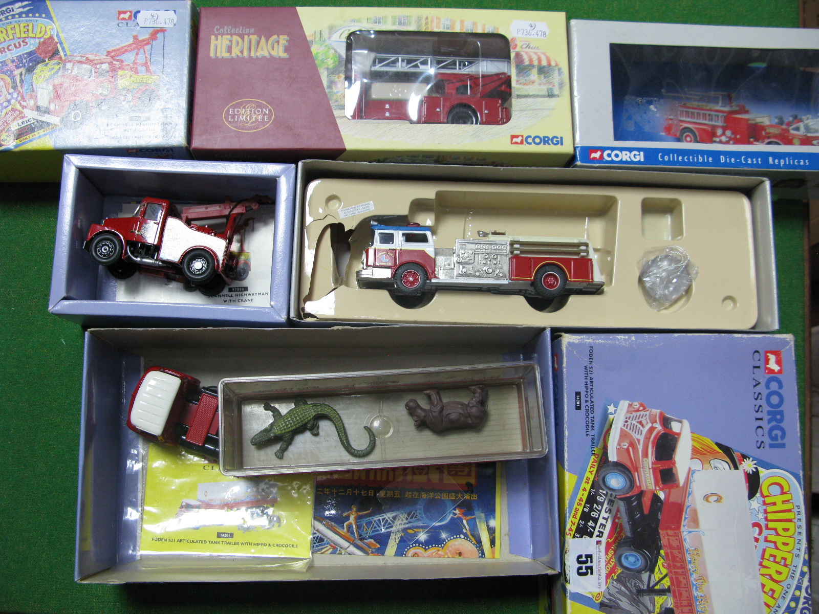 Four Diecast Model Vehicles by Corgi, including #73502 Berliet GLR Grande Echelle 'Marseille' Fire