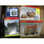 Four "OO" Gauge/4mm Boxed Trackside Buildings, Hornby R8851 Water Tower R8084 Engine Shed, Signal