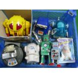 Nine Circa 1980's and Later Plastic and Tin Toy Robots, Duck by Tomy, J.S.N.Y, Everlast Toys,