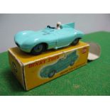 Dinky No. 238 - Jaguar D-Type, turquoise body, blue interior, blue hubs, white driver, overall