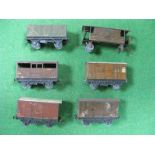 Six Pre-War Hornby Dublo Four Wheel Wagons, including 'NE Fish' and LMS cattle, all playworn,