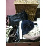 Kangol Ladies Hat, ladies bags, wicker laundry basket.