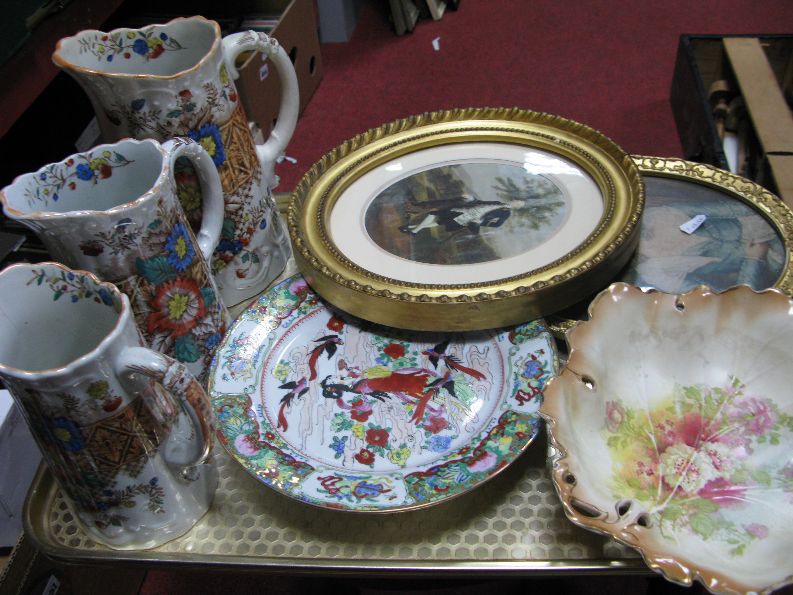 A Set of Three Victorian Graduating Jugs, Royal Devon dish, two gilt framed prints of XVIII