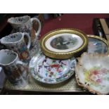 A Set of Three Victorian Graduating Jugs, Royal Devon dish, two gilt framed prints of XVIII