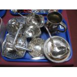 A Hallmarked Silver Backed Hand Mirror, hallmarked silver candlesticks (damages), plated mug,