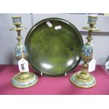 A Pair of XX Century Enamel Brass Candlesticks, together with a green bronze plate, stamped (Denmark