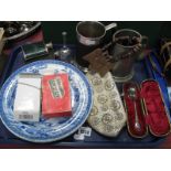 Cased Silver Spoon, Spode blue and white plates, tankards, folding camera, purse, etc:- One Tray