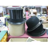 Two Ladies Moss Bros Dressage Riding Bowler Hats, together with an Austin Reed top hat. (3).