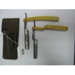 Two German Cut Throat Razors, 'Ern' & 'Herm Konejung Solingen' blades in leather case.
