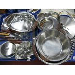 Stainless Steel Dishes, swing handle cake plate, seven bar toast rack, wooden handled cutlery, egg