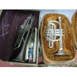 A Hawkes & Son Silver Plated 'The Clippertone Excelsior Sonorous' Cornet (poor case) and a 'Selmer