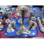 Plated Candlestick, four flute epergne, twin branch candelabrum:- One Tray
