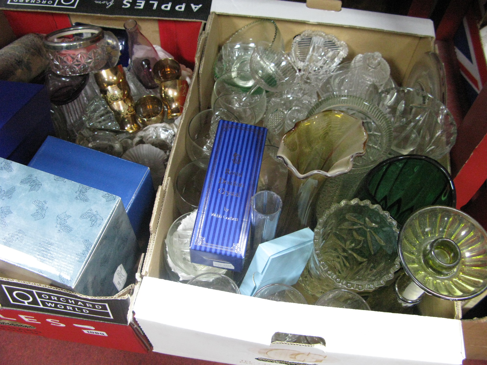 Coloured and Pressed Glassware, vases, tazza, bowls etc, Two Boxes.