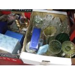 Coloured and Pressed Glassware, vases, tazza, bowls etc, Two Boxes.