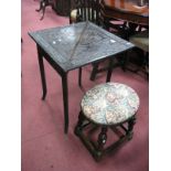 XIX Century Carved Oak Drop Leaf Table; together with an oak stool, with an upholstered top, on