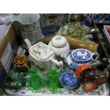 A Nippon Pottery Jug, novelty elephant and other teapots, pair green glass scents (dam), porcelain