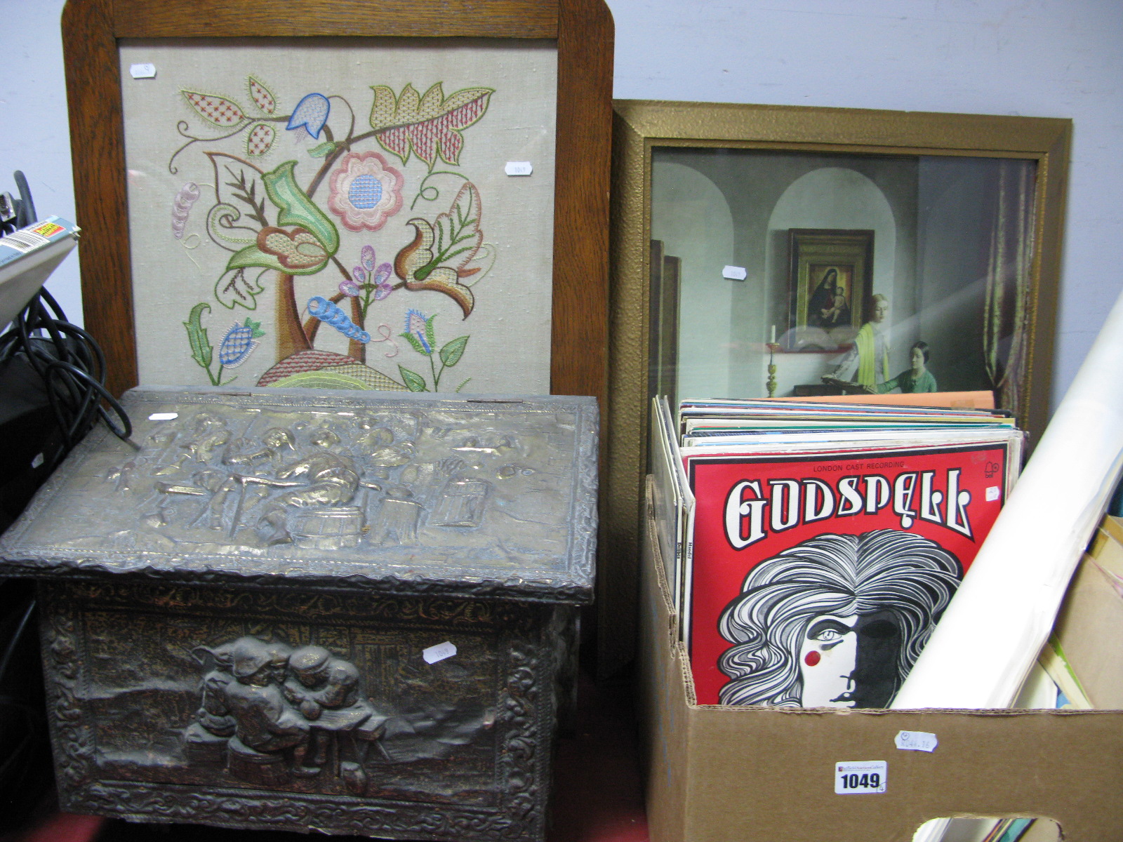 A Slope Front Brass Covered Coal Box, oak framed fire screen, gilt framed print, lp's posters